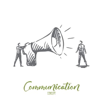 Communication, speaker, megaphone, announcement concept. Hand drawn person with big megaphone concept sketch. Isolated vector illustration.