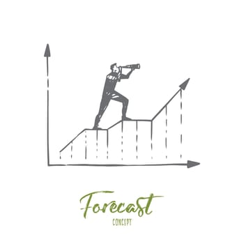 Forecast, graph, growth, progress, diagram concept. Hand drawn businessman looking through spyglass concept sketch. Isolated vector illustration.