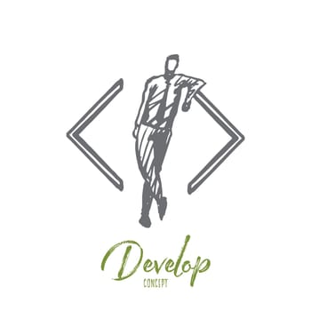 Develop, coding, software, programming, project concept. Hand drawn developer and symbol of code concept sketch. Isolated vector illustration.