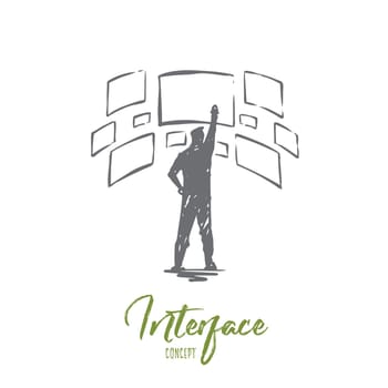 Interface, design, page, screen, layout concept. Hand drawn developer and interface screens concept sketch. Isolated vector illustration.