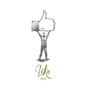Like, symbol, good, network, finger concept. Hand drawn person hold symbol of like concept sketch. Isolated vector illustration.