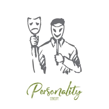 Personality, character, man, face, psychology concept. Hand drawn person with mask on face concept sketch. Isolated vector illustration.
