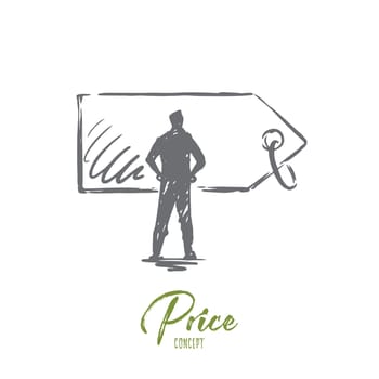 Price, sale, tag, discount, label concept. Hand drawn man and price label concept sketch. Isolated vector illustration.