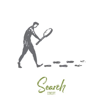 Search, magnifier, detective, glass, internet concept. Hand drawn person searching with magnifying glass concept sketch. Isolated vector illustration.