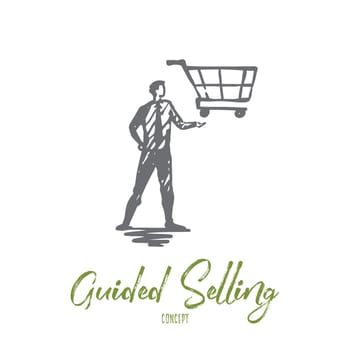 Guided selling, shop, market, basket, customer concept. Hand drawn manager with trolley on hand concept sketch. Isolated vector illustration.