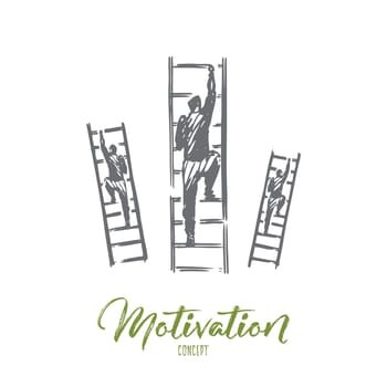 Motivation, stairs, success, career, goal concept. Hand drawn businessman climbs the stairs concept sketch. Isolated vector illustration.