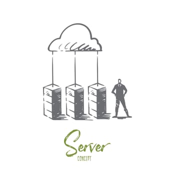 Server, cloud, system, database, storage concept. Hand drawn storage center and manager concept sketch. Isolated vector illustration.