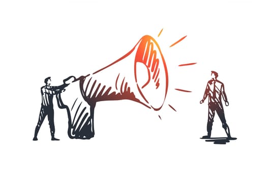 Communication, speaker, megaphone, announcement concept. Hand drawn person with big megaphone concept sketch. Isolated vector illustration.