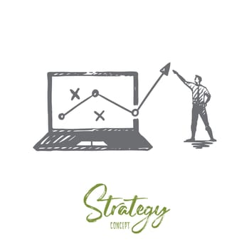 Strategy, marketing, graph, diagram, arrow concept. Hand drawn manager reports about progress concept sketch. Isolated vector illustration.