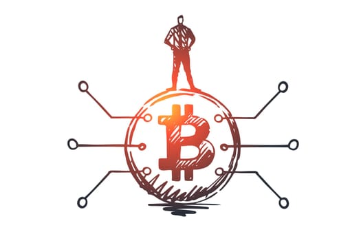 Cryptocurrency, digital, finance, coin concept. Hand drawn man stand on bitcoin concept sketch. Isolated vector illustration.