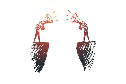 Communication, people, two, talk, megaphone concept. Hand drawn two persons communicate with megaphone concept sketch. Isolated vector illustration.