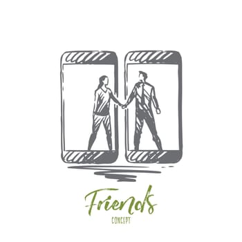 Friends, mobile, network, connection, gadget concept. Hand drawn friends communicate through mobile phone concept sketch. Isolated vector illustration.