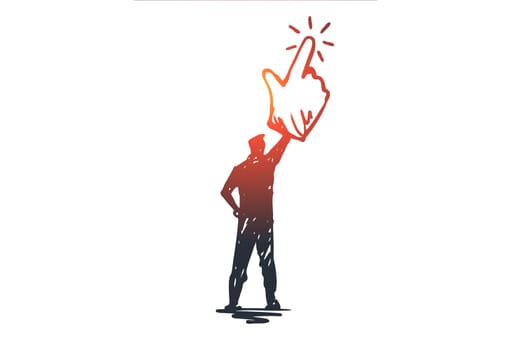 Click here, finger, man, push concept. Hand drawn man choosing, click by mouse concept sketch. Isolated vector illustration.