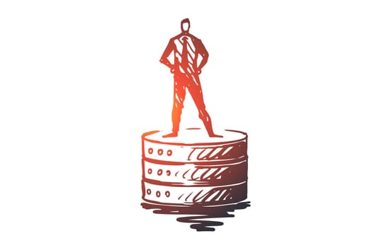 Database, backup, server, software, tool concept. Hand drawn man standing on data equipment concept sketch. Isolated vector illustration.