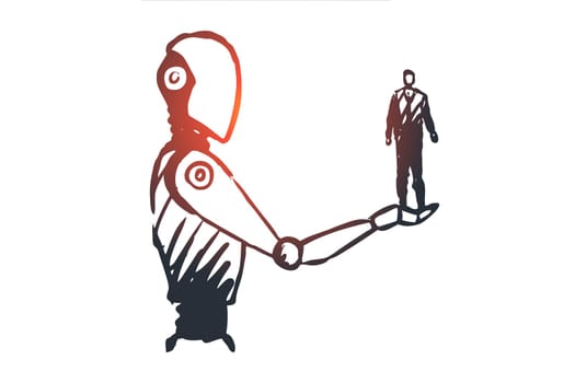 Data, robot, technology, machine, intelligence concept. Hand drawn human on hand of robotic concept sketch. Isolated vector illustration.