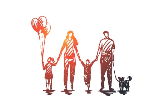 Family time, mother, kids, happy, father concept. Hand drawn happy family walking outside concept sketch. Isolated vector illustration.