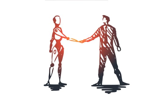 HCI, automation, business, cyborg, cooperation concept. Hand drawn human and robot shaking hands concept sketch. Isolated vector illustration.