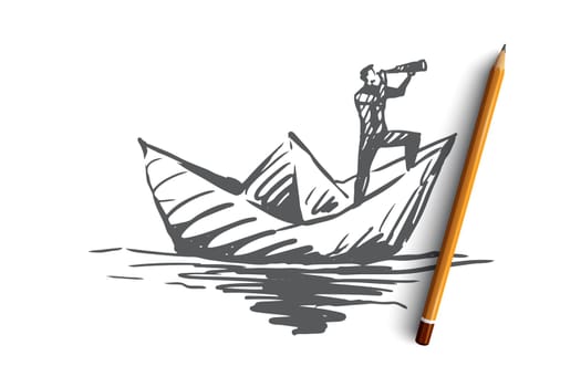 Competence, job, skill, management, efficiency concept. Hand drawn man on paper boat looking forward concept sketch. Isolated vector illustration.