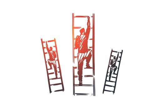 Motivation, stairs, success, career, goal concept. Hand drawn businessman climbs the stairs concept sketch. Isolated vector illustration.