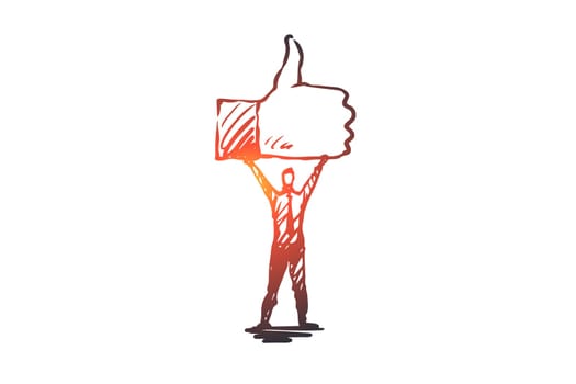 Like, symbol, good, network, finger concept. Hand drawn person hold symbol of like concept sketch. Isolated vector illustration.