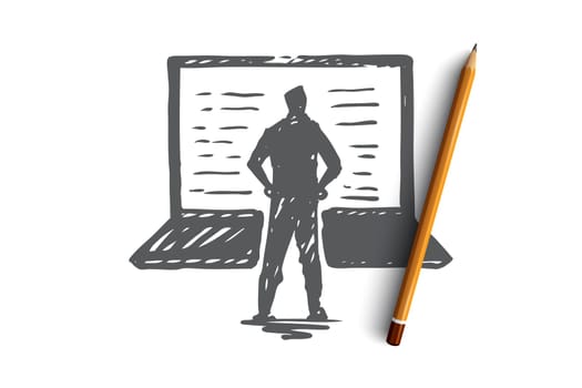 Computer, laptop, person, work, technology concept. Hand drawn person and modern laptop concept sketch. Isolated vector illustration.