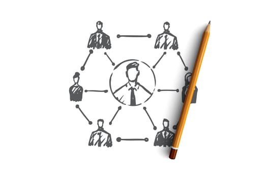 CRM, customer, business, analysis, marketing concept. Hand drawn system of business concept sketch. Isolated vector illustration.
