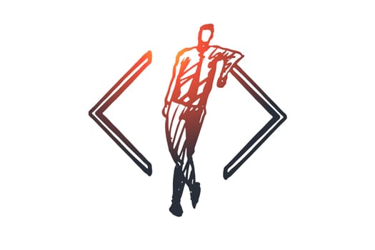 Develop, coding, software, programming, project concept. Hand drawn developer and symbol of code concept sketch. Isolated vector illustration.