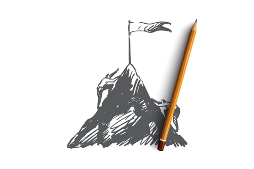 Goals, mountain, challenge, business, peak concept. Hand drawn businessman climbing on mountain concept sketch. Isolated vector illustration.