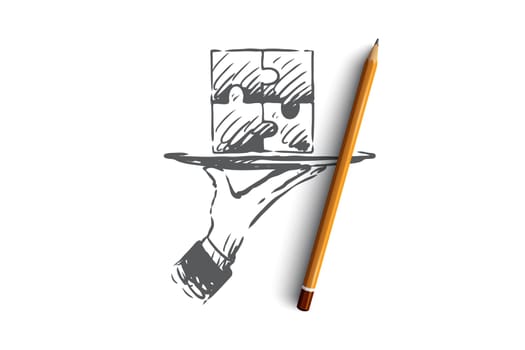 Results, puzzle, connection, solution, teamwork concept. Hand drawn puzzle completed, symbol of result concept sketch. Isolated vector illustration.