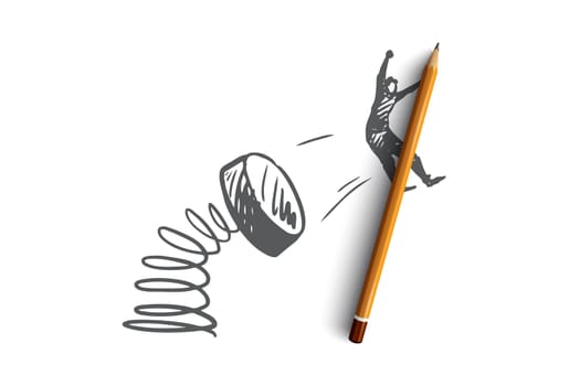 Promotion, marketing, advertising, announce, offer concept. Hand drawn promotion effect with flying man concept sketch. Isolated vector illustration.