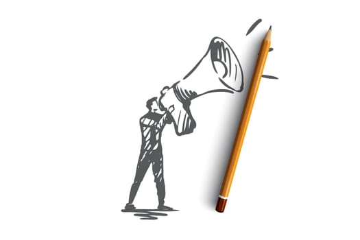 Public, advertising, communication, pr, media concept. Hand drawn pr manager with megaphone concept sketch. Isolated vector illustration.
