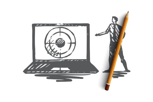 Seo, marketing, optimization, search, media concept. Hand drawn seo manager and laptop with target concept sketch. Isolated vector illustration.