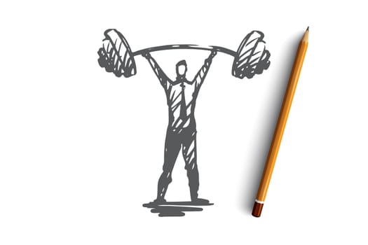 Self-confidence, success, boss, strength, career concept. Hand drawn strength man with heavy barbell concept sketch. Isolated vector illustration.