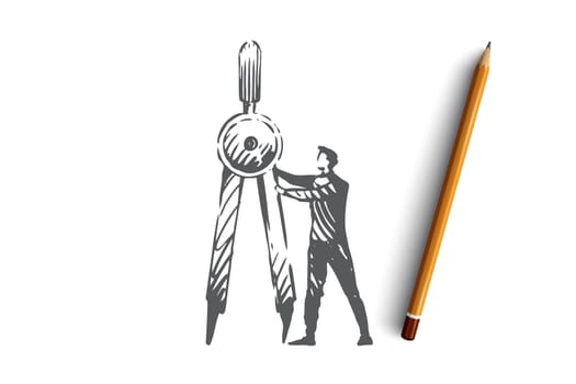 Science, education, graphic, technology, math concept. Hand drawn scientist and divider concept sketch. Isolated vector illustration.