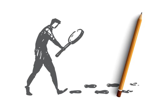 Search, magnifier, detective, glass, internet concept. Hand drawn person searching with magnifying glass concept sketch. Isolated vector illustration.