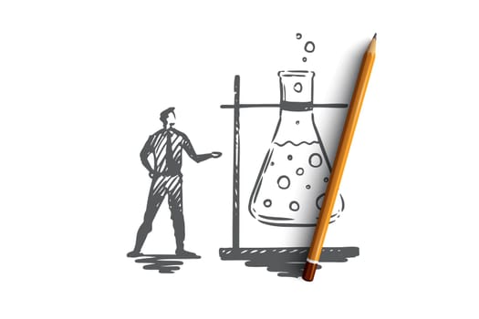 Research, glass, medical, scientist, lab concept. Hand drawn medical scientist and chemical experiment concept sketch. Isolated vector illustration.