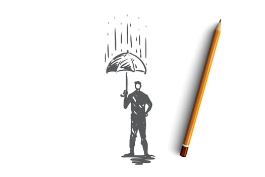 Reliability, safety, protect, safe, secure concept. Hand drawn person with umbrella under rain concept sketch. Isolated vector illustration.