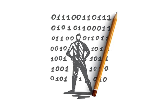 Source code, software, program, development, computer concept. Hand drawn computer programmer and code concept sketch. Isolated vector illustration.