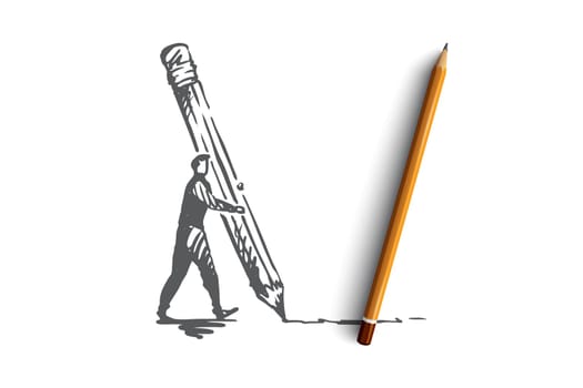 Design, creative, graphic, development, interface concept. Hand drawn person drawing with pencil concept sketch. Isolated vector illustration.