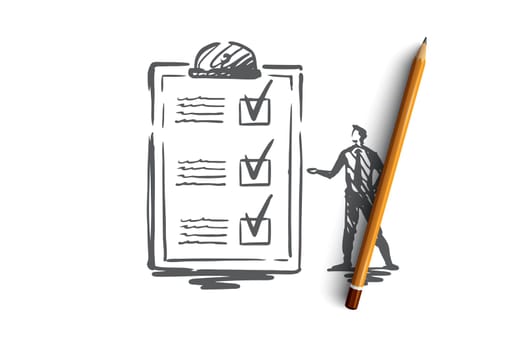 Questionnaire, form, test, checklist, survey concept. Hand drawn person and survey form concept sketch. Isolated vector illustration.
