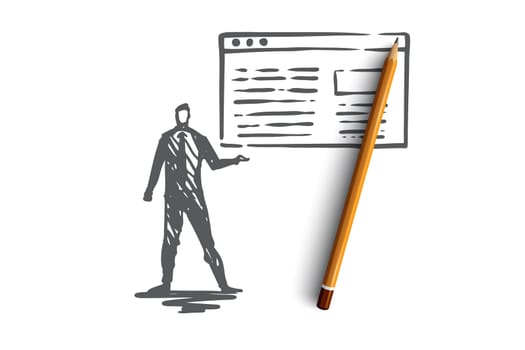 Traffic, website, internet, technology, digital concept. Hand drawn manager presents a traffic report concept sketch. Isolated vector illustration.