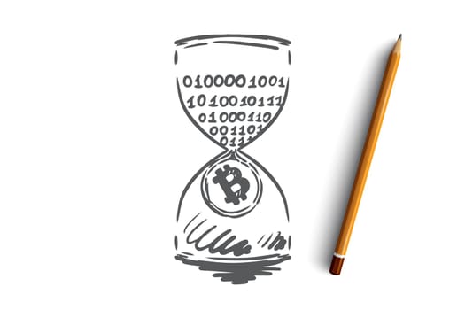 Timestamp, bitcoin, blockchain, currency, digital concept. Hand drawn passive income, mining concept sketch. Isolated vector illustration.