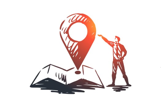Place, sign, location, pin, map concept. Hand drawn man and navigation symbol on map concept sketch. Isolated vector illustration.