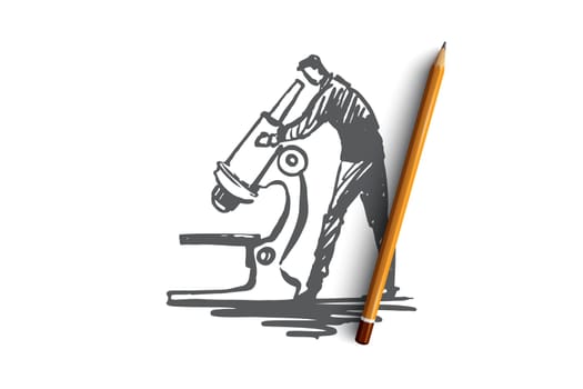 User research, magnifying, exploration, tool, inspect concept. Hand drawn explorer and microscope concept sketch. Isolated vector illustration.