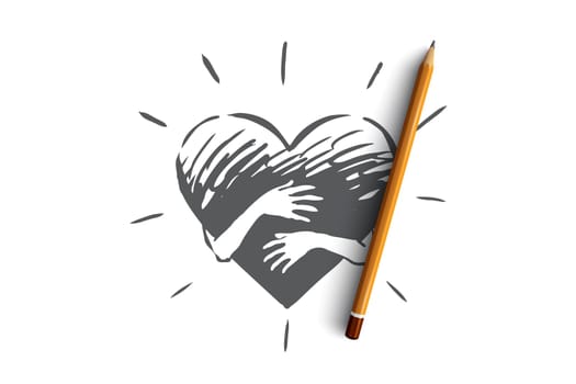 Sincerity, love, care, hand, heart concept. Hand drawn hands hug heart concept sketch. Isolated vector illustration.