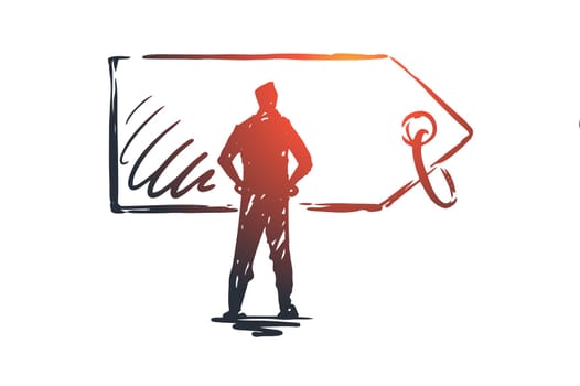 Price, sale, tag, discount, label concept. Hand drawn man and price label concept sketch. Isolated vector illustration.