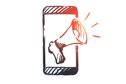 Promotion, mobile phone, advertising, speaker concept. Hand drawn smartphone and megaphone for promotion concept sketch. Isolated vector illustration.