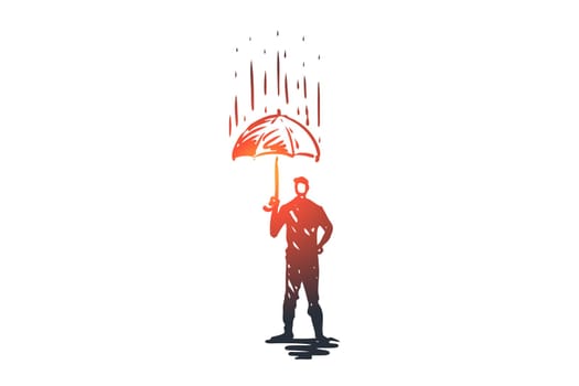 Reliability, safety, protect, safe, secure concept. Hand drawn person with umbrella under rain concept sketch. Isolated vector illustration.