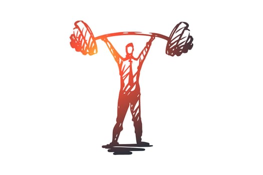 Self-confidence, success, boss, strength, career concept. Hand drawn strength man with heavy barbell concept sketch. Isolated vector illustration.