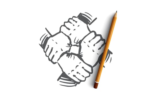 Team spirit, together, connection, partnership concept. Hand drawn hand holding, team concept sketch. Isolated vector illustration.